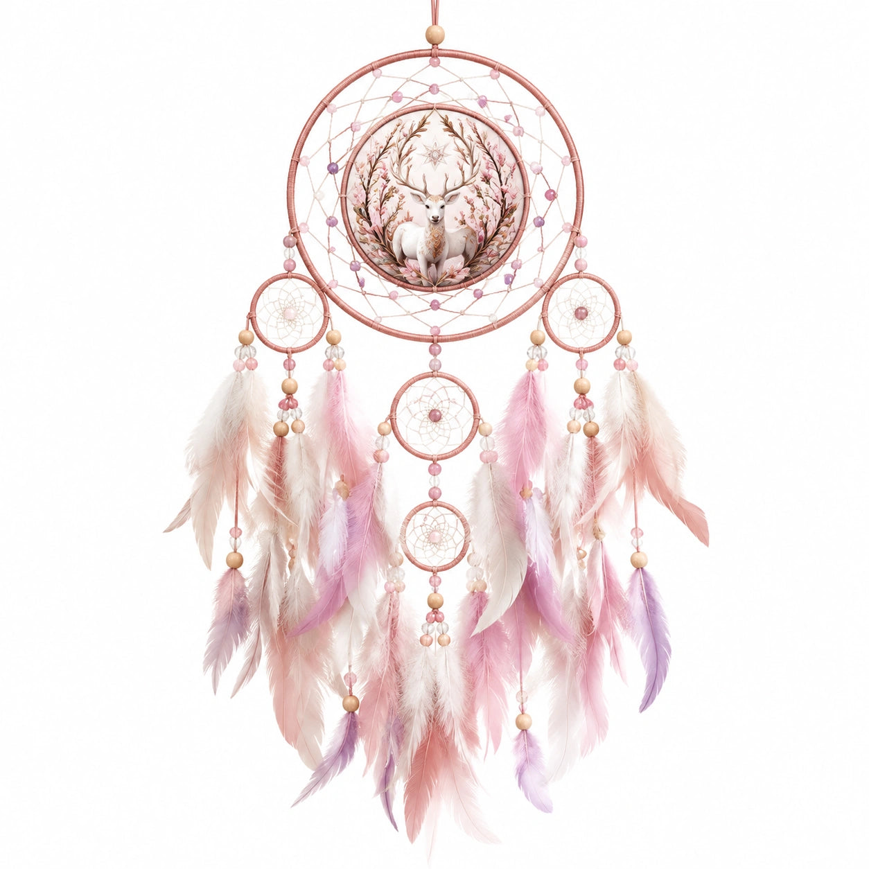 Atrapasueños 40 x 90 cm con aro forrado cuentas y plumas rosas para decoración bohemia