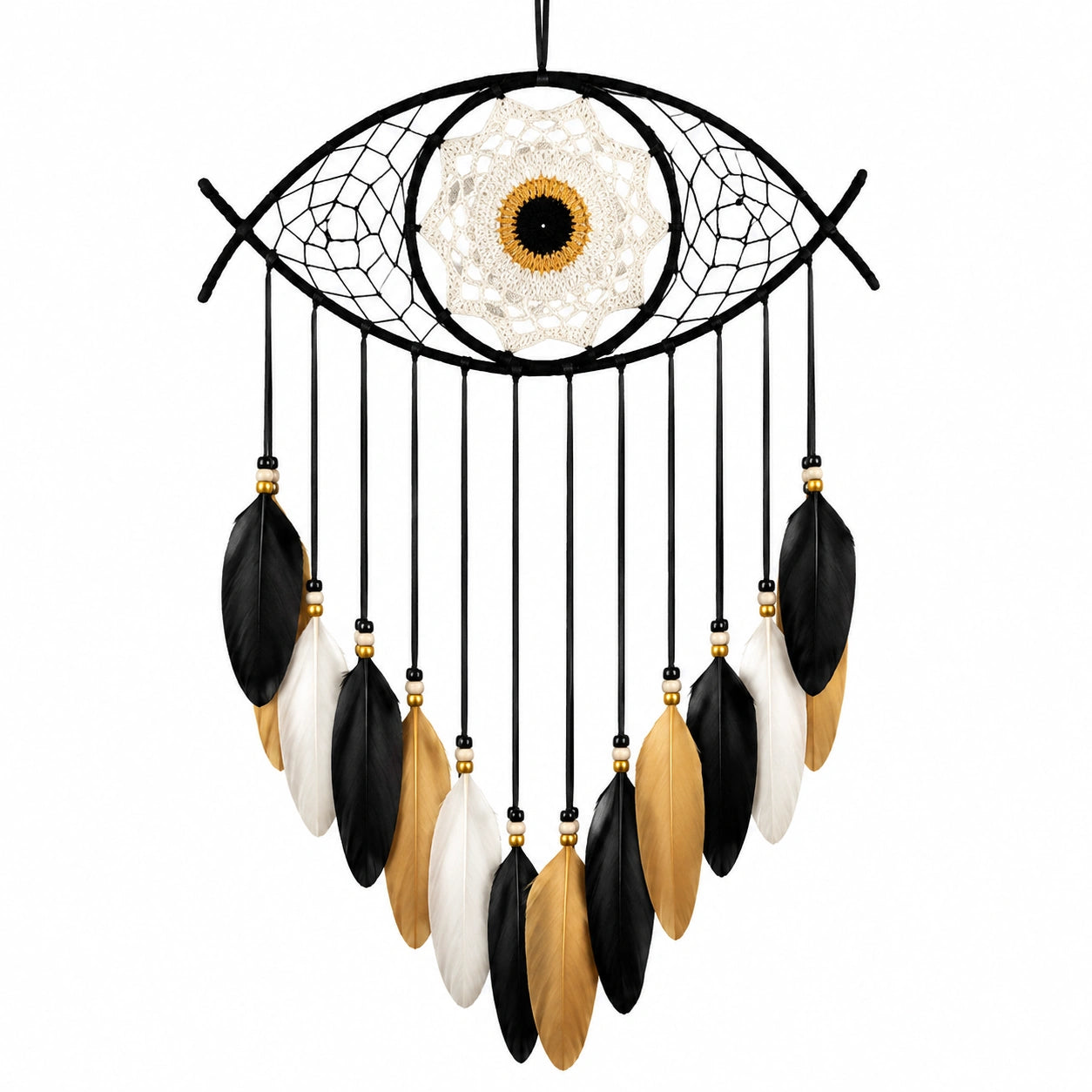 Atrapasueños colgante 45 x 85 cm de fibras textiles y plumas negro blanco dorado estilo bohemio