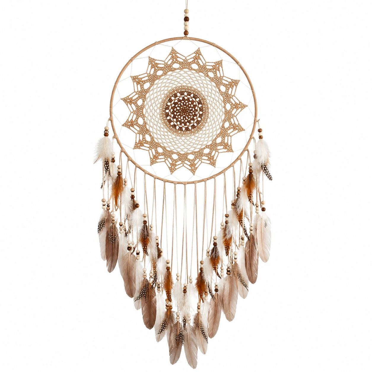 Atrapasueños colgante 50 x 100 cm de algodón beige y marrón con plumas estilo bohemio