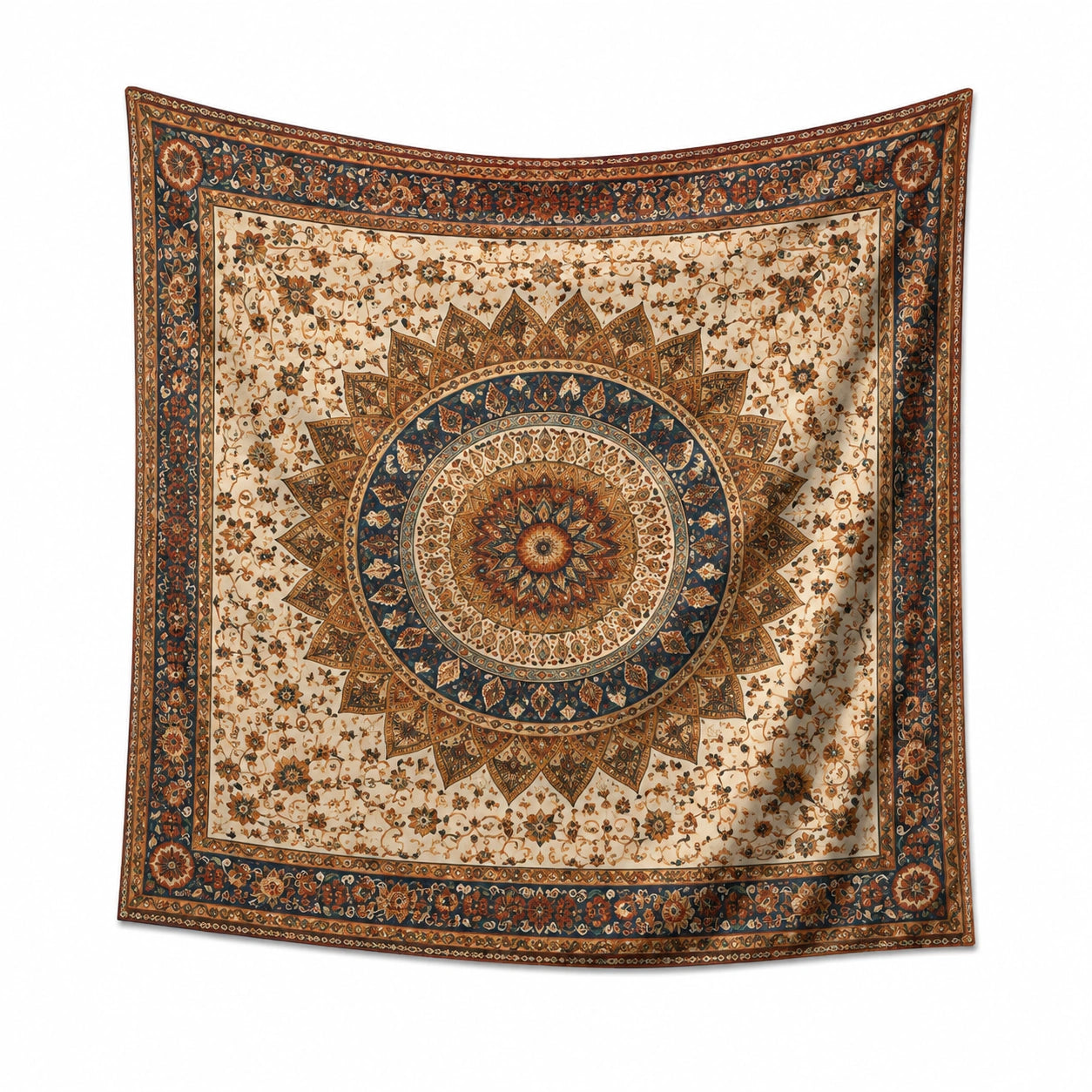Tapiz de pared textil 150 x 150 cm beige azul marrón con estampado geométrico floral decorativo