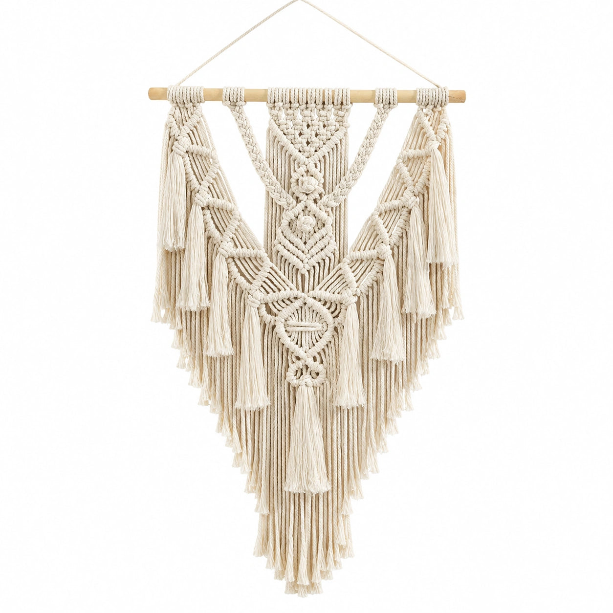 Tapiz de pared de macramé 50 x 90 cm de algodón beige con barra de madera para decoración bohemia