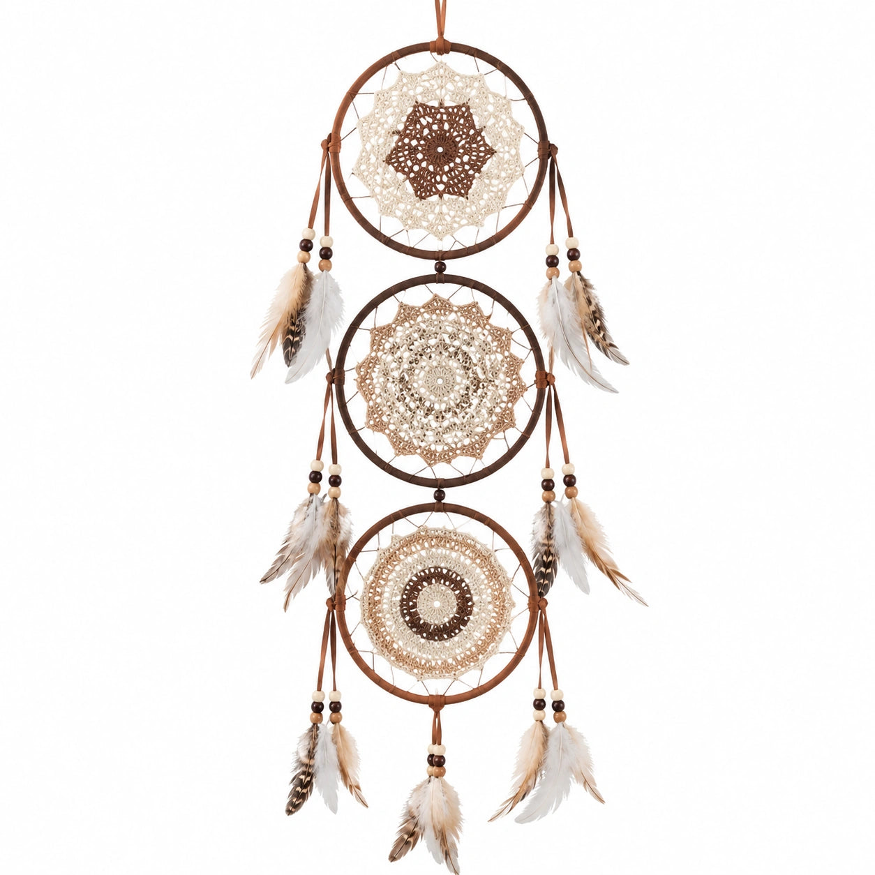 Atrapasueños colgante 30 x 90 cm marrón beige con aros tejido y plumas estilo bohemio