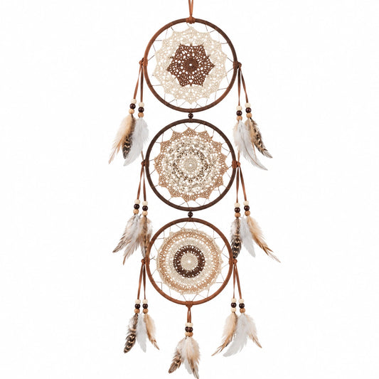 Atrapasueños colgante 30 x 90 cm marrón beige con aros tejido y plumas estilo bohemio
