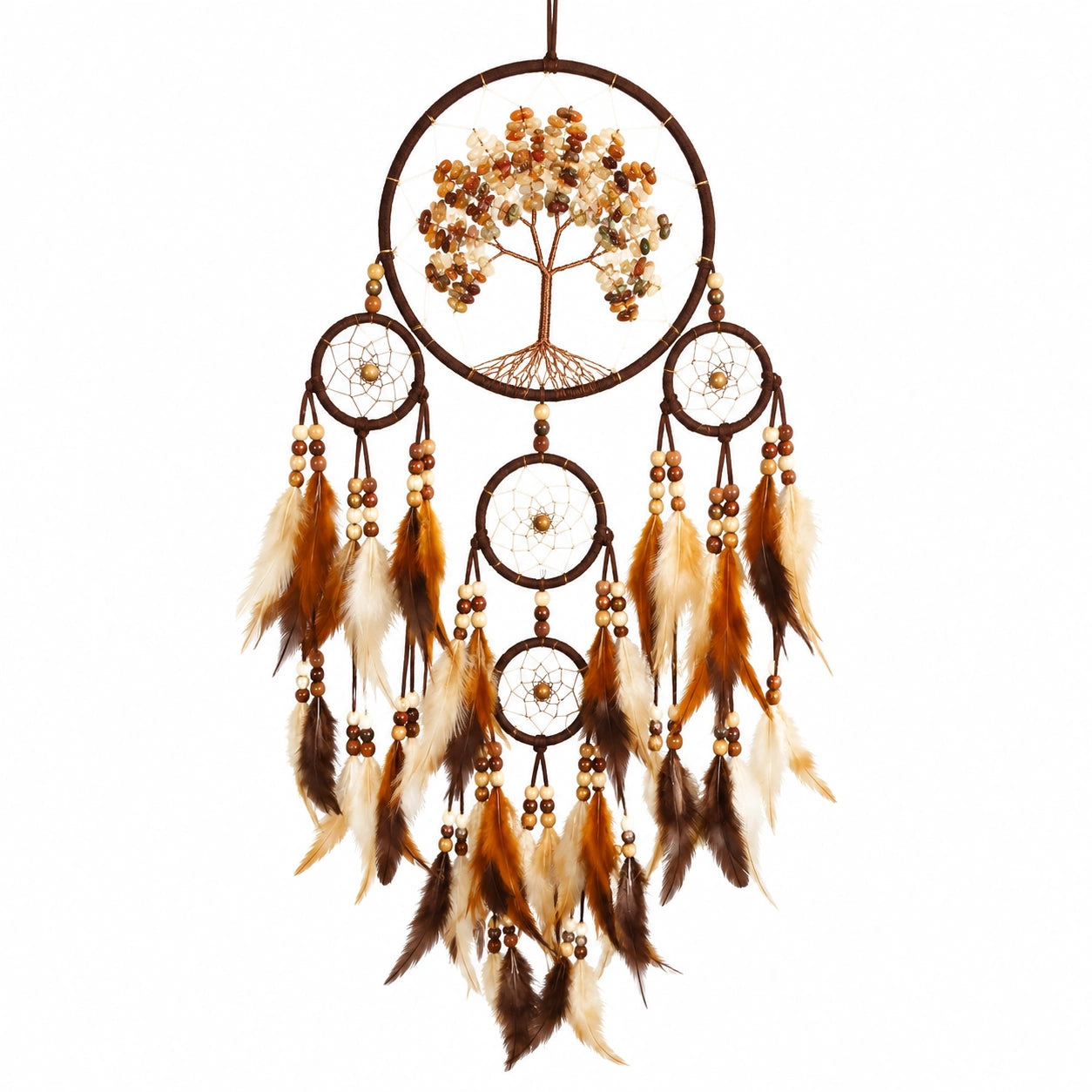 Atrapasueños colgante 40 x 90 cm con cuentas y plumas marrones estilo bohemio