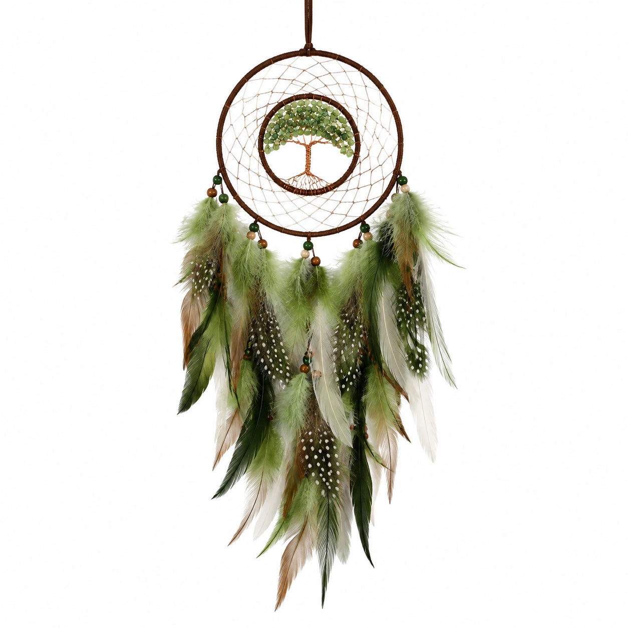 Atrapasueños 30 x 70 cm de cuerda y plumas verde marrón para decoración colgante