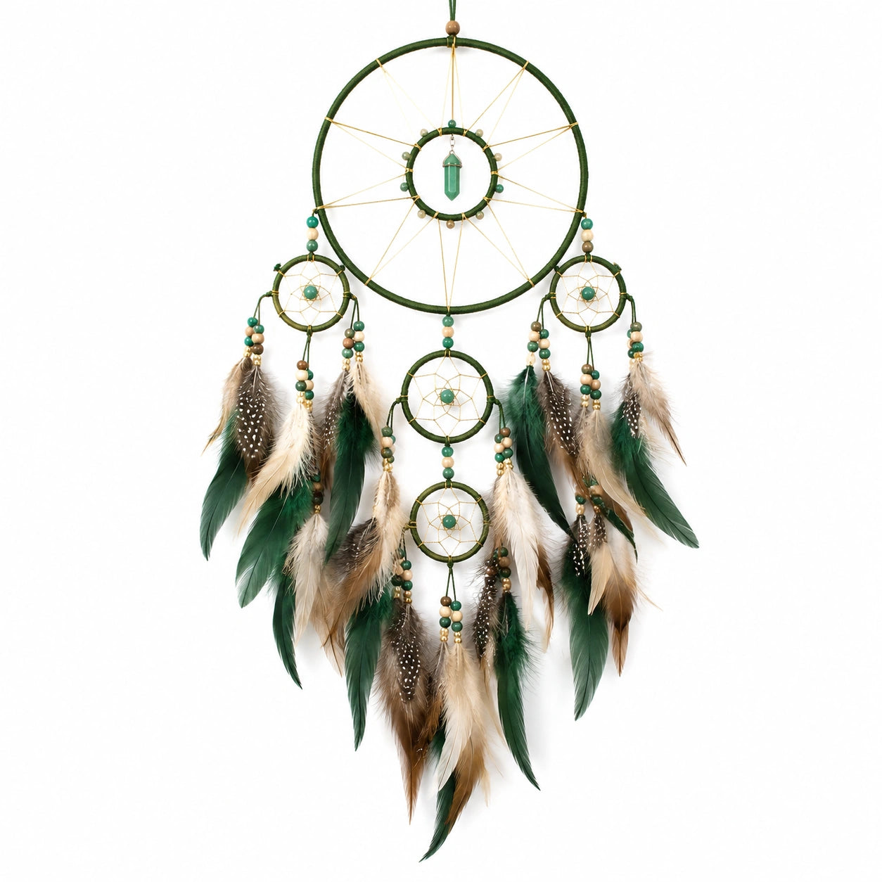 Atrapasueños colgante 45 x 90 cm de cordón verde con plumas y cuentas decorativas