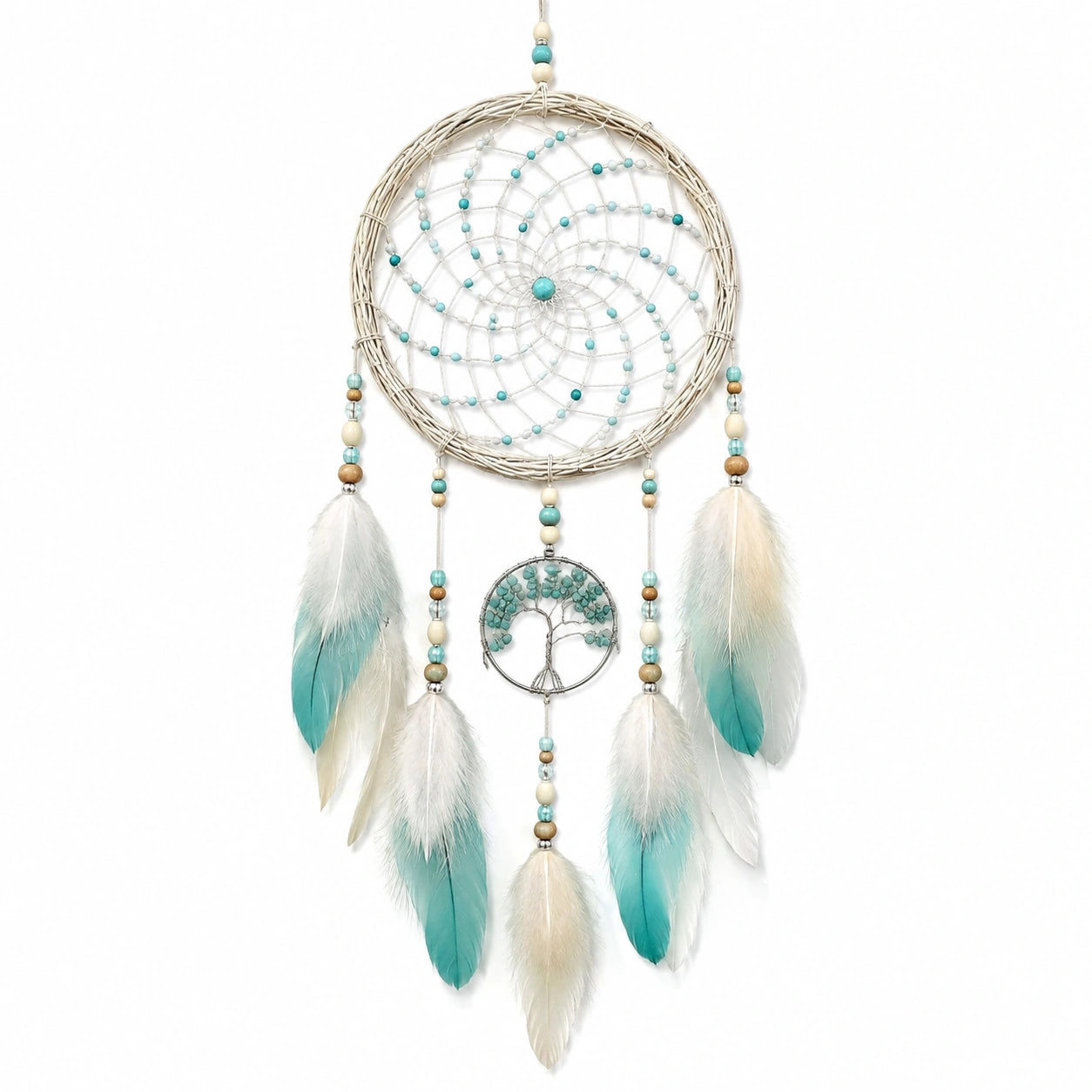 Atrapasueños decorativo 30 x 75 cm de mimbre beige con plumas turquesa estilo bohemio