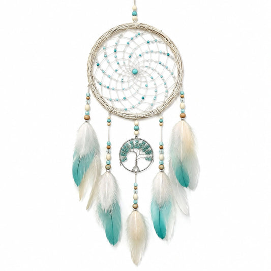Atrapasueños decorativo 30 x 75 cm de mimbre beige con plumas turquesa estilo bohemio