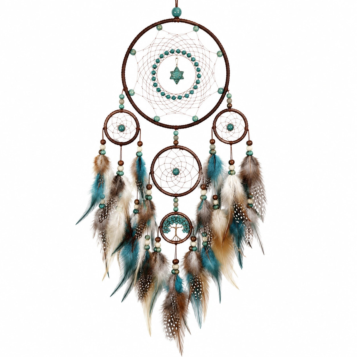Atrapasueños colgante 35 x 90 cm con cordón trenzado y plumas turquesa marrón estilo bohemio