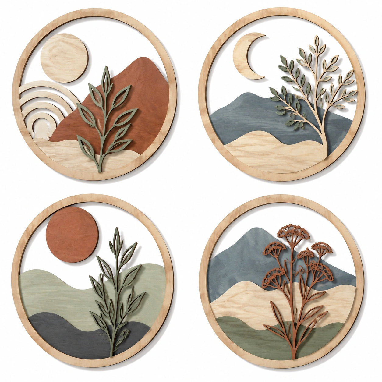 Set de 4 decoraciones de pared redondas de madera 30 cm multicolor estilo paisajístico