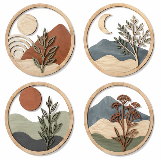 Set de 4 decoraciones de pared redondas de madera 30 cm multicolor estilo paisajístico