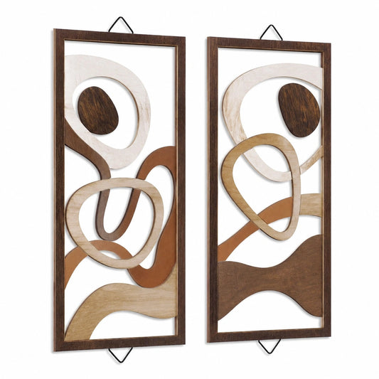 Set de 2 paneles decorativos de pared 30 x 70 cm de madera marrón y beige - diseño abstracto colgante