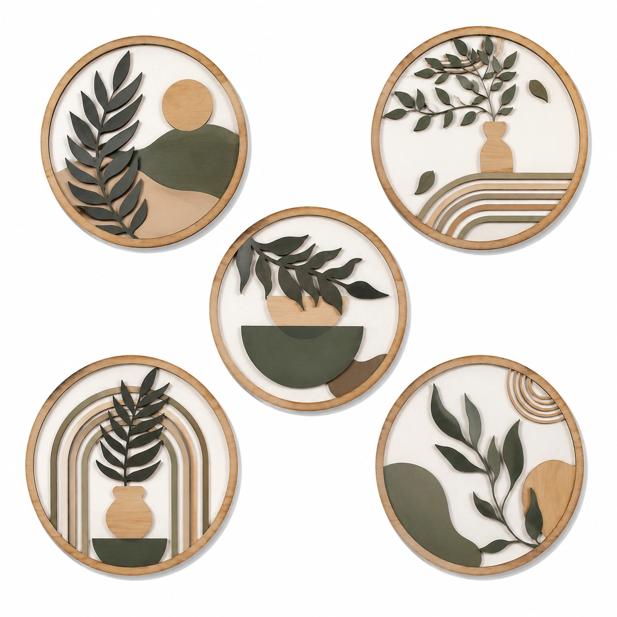 Set de 5 decoraciones de pared redondas de madera 30 cm verde y natural - diseño botánico