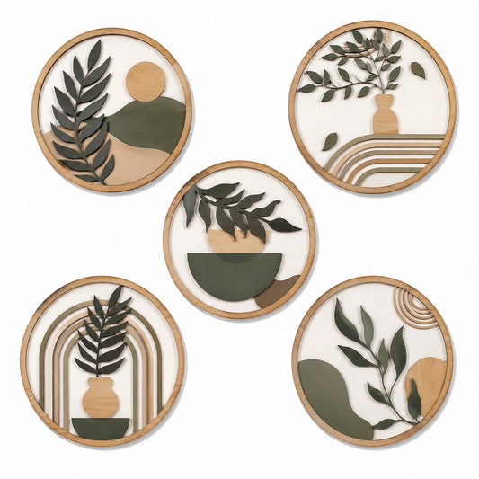 Set de 5 decoraciones de pared redondas de madera 30 cm verde y natural - diseño botánico