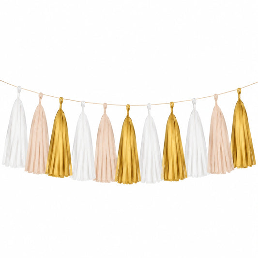 Guirnalda de borlas de papel 300 cm blanco rosa dorado - decoración colgante para fiestas