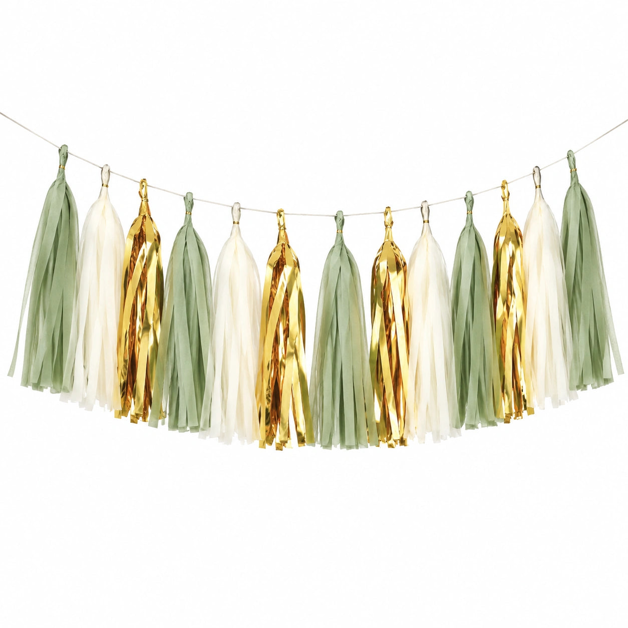 Guirnalda de borlas 300 x 35 cm de papel verde salvia blanco y dorado para decoración de fiesta