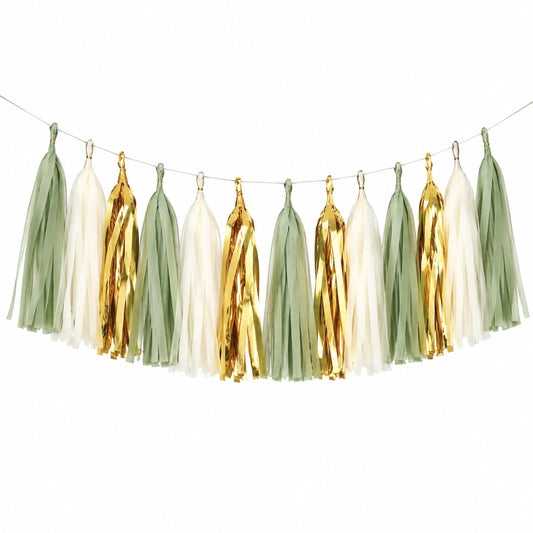 Guirnalda de borlas 300 x 35 cm de papel verde salvia blanco y dorado para decoración de fiesta