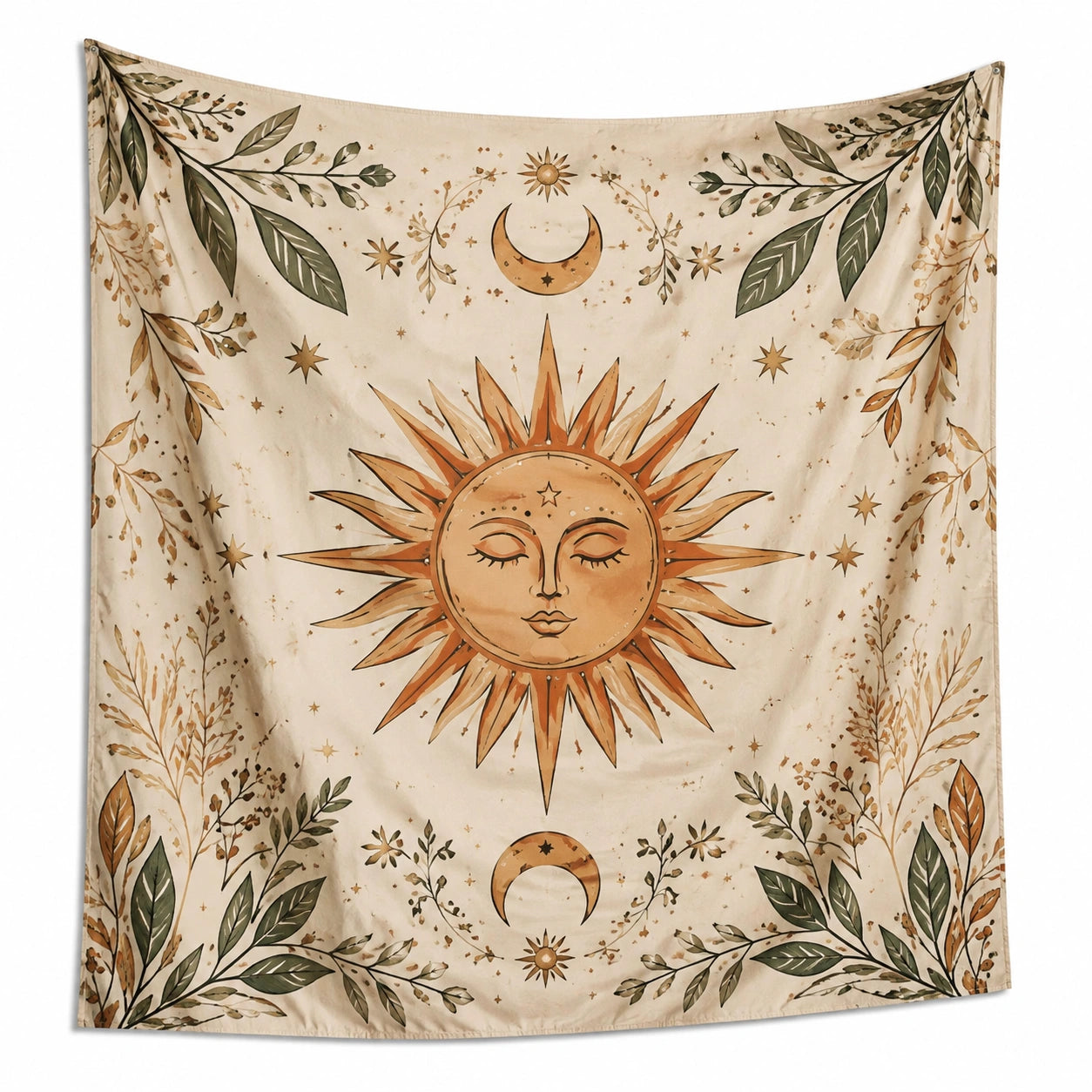Tapiz de pared 150 x 150 cm de poliéster beige con sol y motivos botánicos estilo bohemio