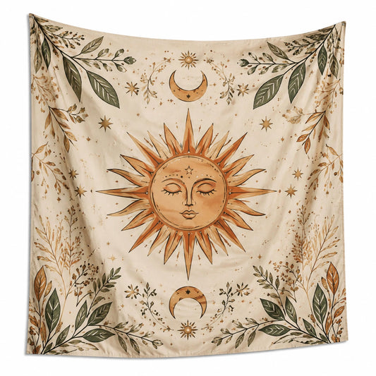 Tapiz de pared 150 x 150 cm de poliéster beige con sol y motivos botánicos estilo bohemio