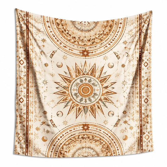 Tapiz mural 150 x 130 cm de poliéster beige y marrón con estampado geométrico decorativo