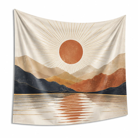 Tapiz decorativo 150 x 130 cm de poliéster beige con paisaje de sol y montañas