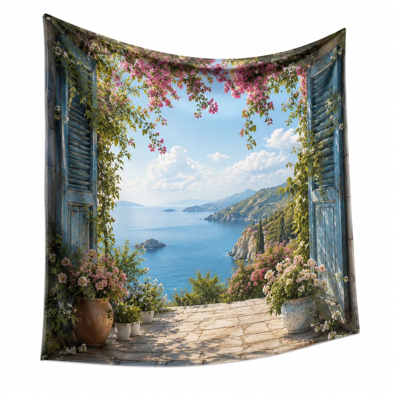 Tapiz de pared 150 x 130 cm estampado de paisaje costero azul y rosa con ojales decorativo