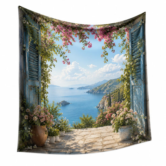 Tapiz de pared 150 x 130 cm estampado de paisaje costero azul y rosa con ojales decorativo
