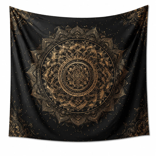 Tapiz de pared 150 x 150 cm de poliéster negro y dorado con motivo floral geométrico