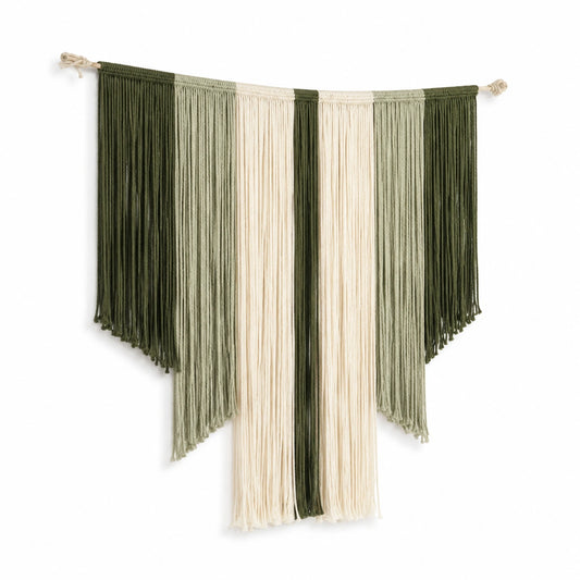 Tapiz de pared 90 x 100 cm de cuerda textil verde y beige con flecos decorativos