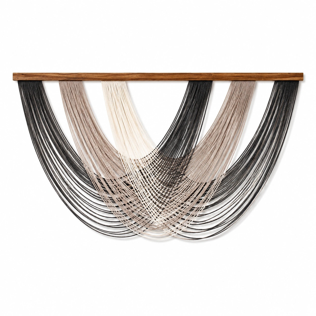Tapiz de pared 120 cm x 90 cm de cordón textil beige gris y negro con barra de madera - decoración bohemia