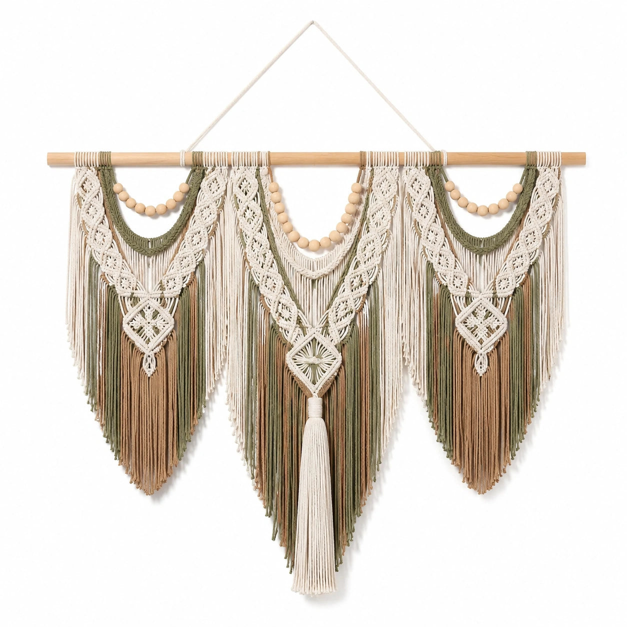 Tapiz de pared 90 x 105 cm de cordón textil verde crema y beige con flecos estilo bohemio