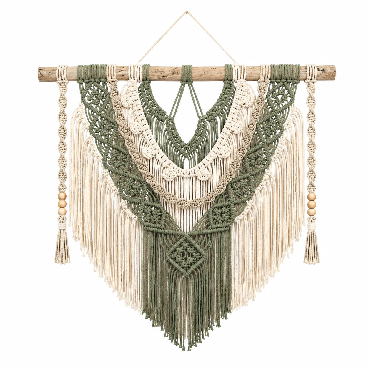 Tapiz de pared de macramé 90 x 100 cm de cordón textil verde y beige estilo bohemio