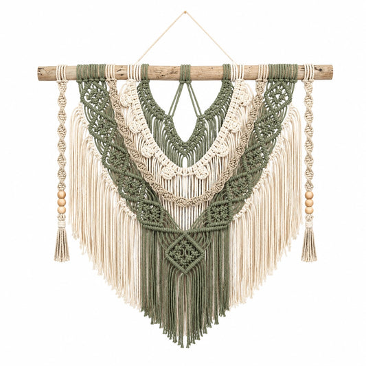 Tapiz de pared de macramé 90 x 100 cm de cordón textil verde y beige estilo bohemio
