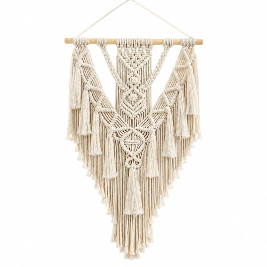 Tapiz de pared de macramé 50 x 90 cm de algodón beige con barra de madera para decoración bohemia
