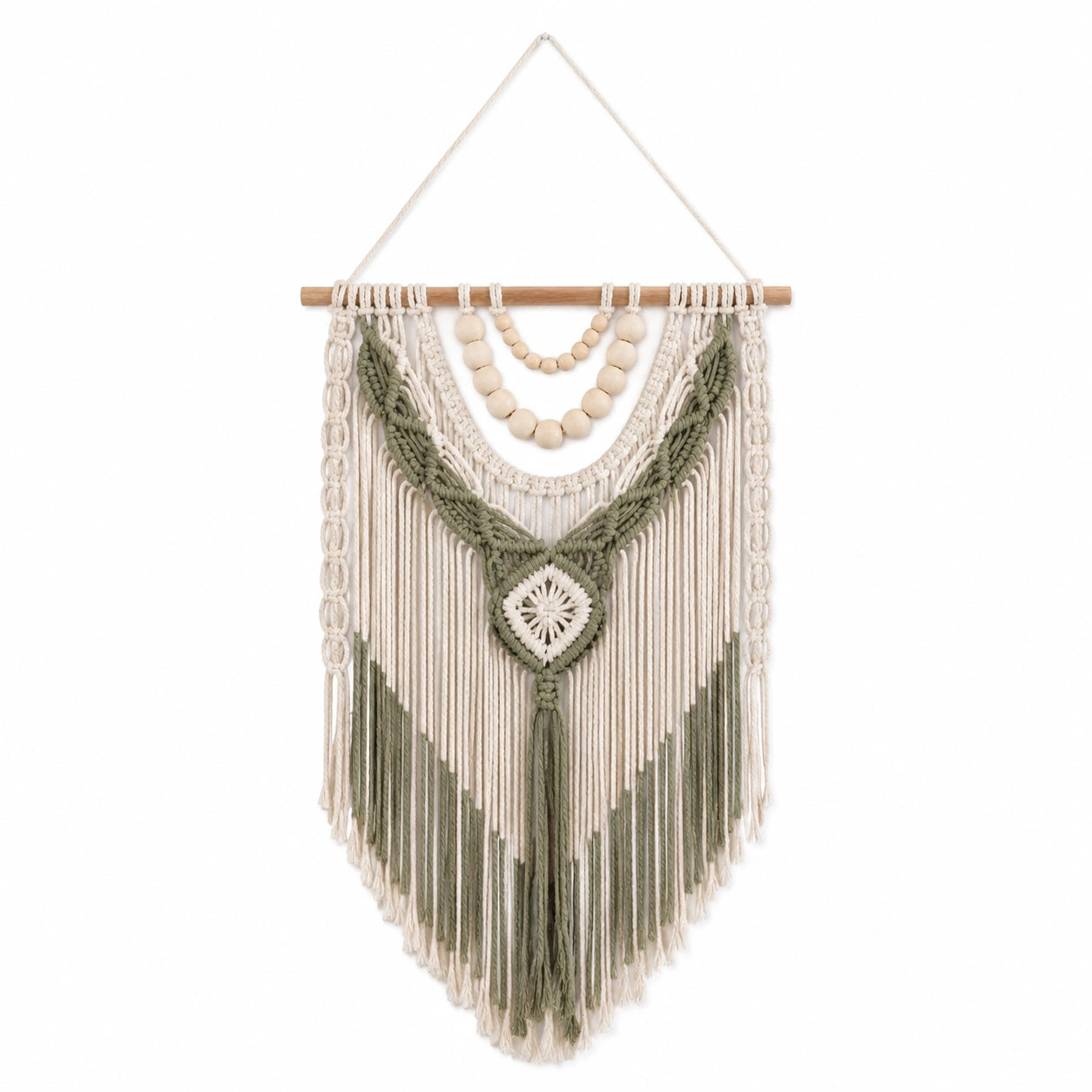 Tapiz de pared de macramé 40 x 75 cm en algodón beige y verde con flecos