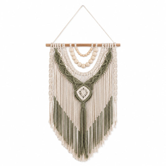 Tapiz de pared de macramé 40 x 75 cm en algodón beige y verde con flecos