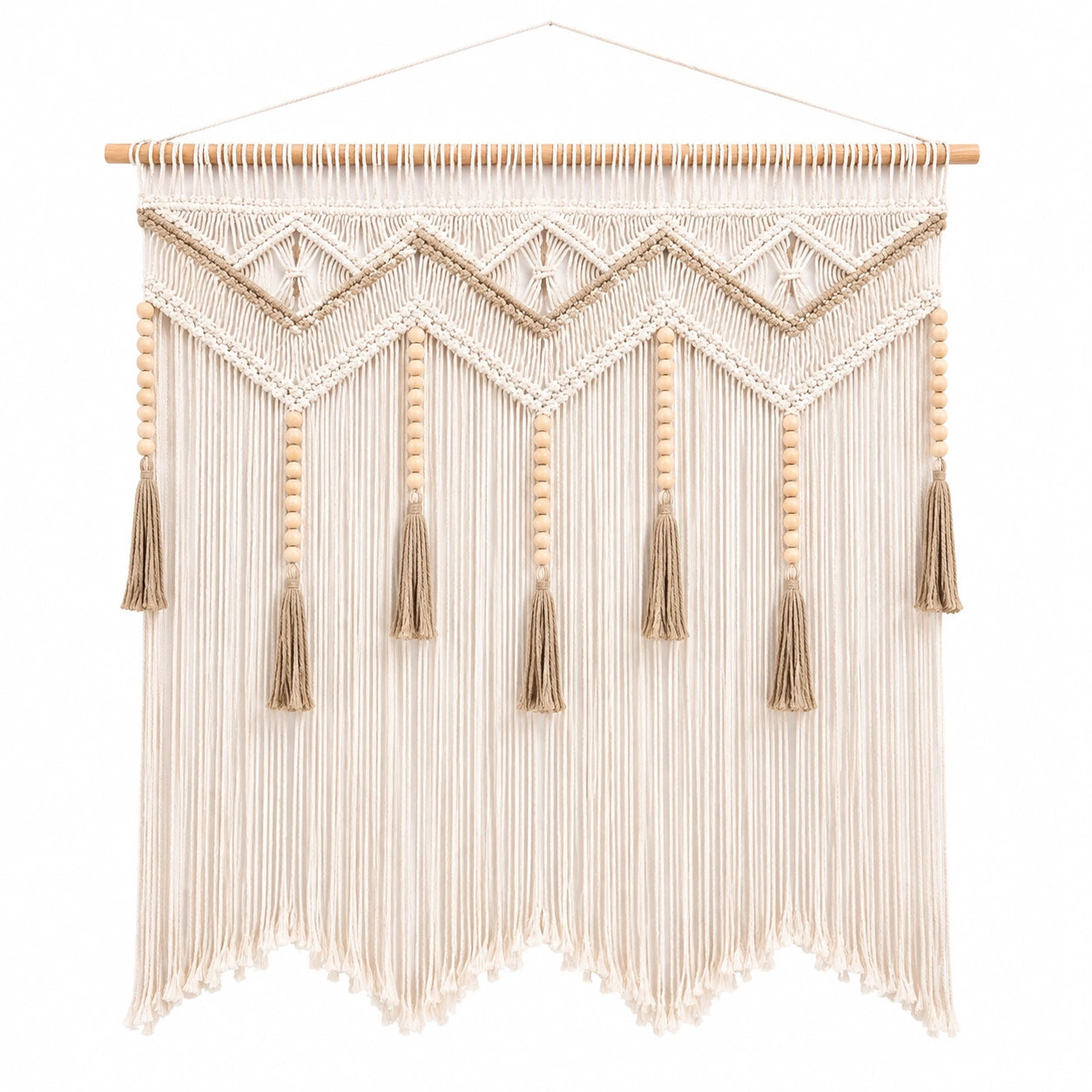 Tapiz de pared 90 x 100 cm de cordón textil beige con flecos estilo bohemio