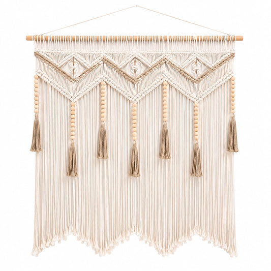 Tapiz de pared 90 x 100 cm de cordón textil beige con flecos estilo bohemio