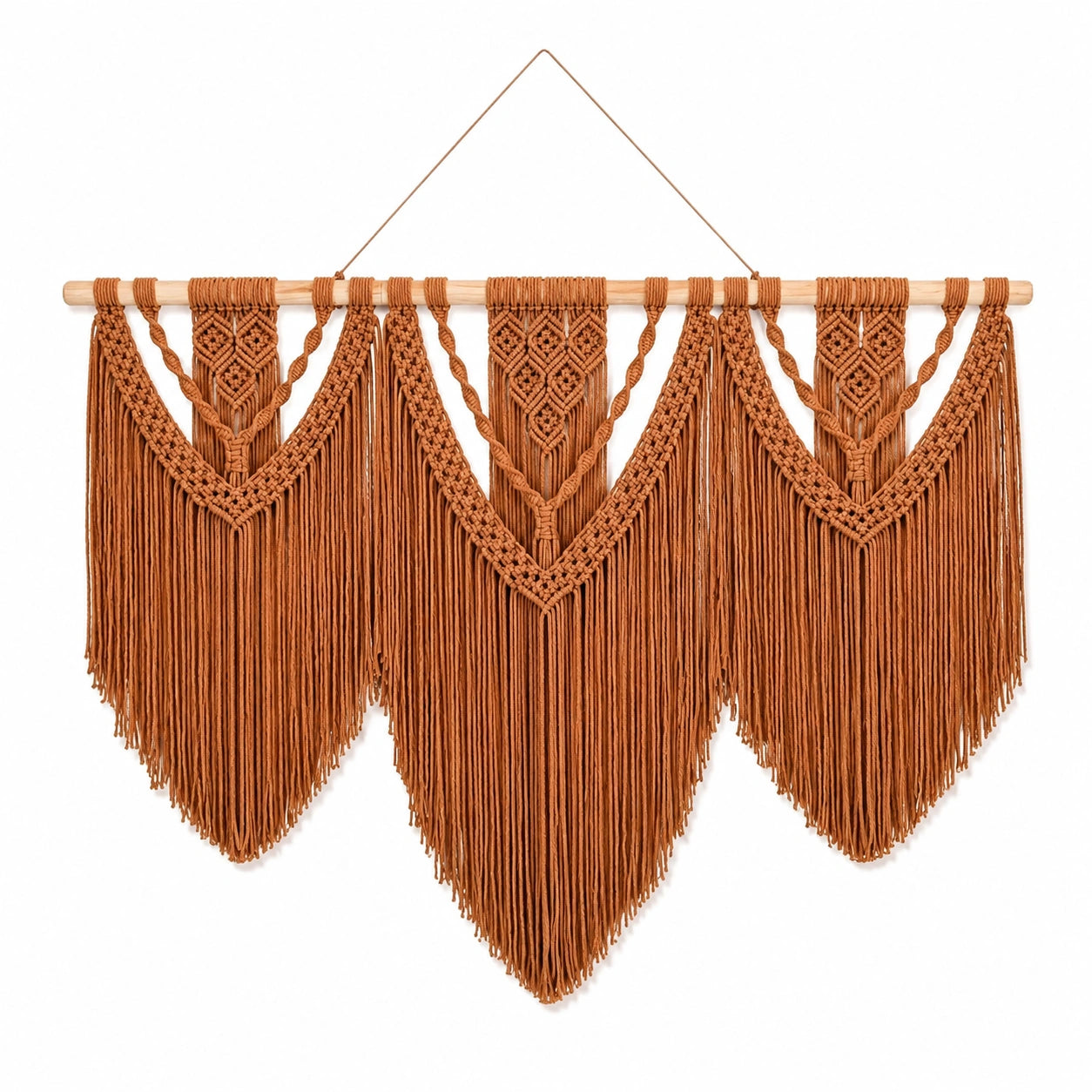Tapiz de pared de macramé 100 x 95 cm en algodón marrón con barra de madera estilo bohemio
