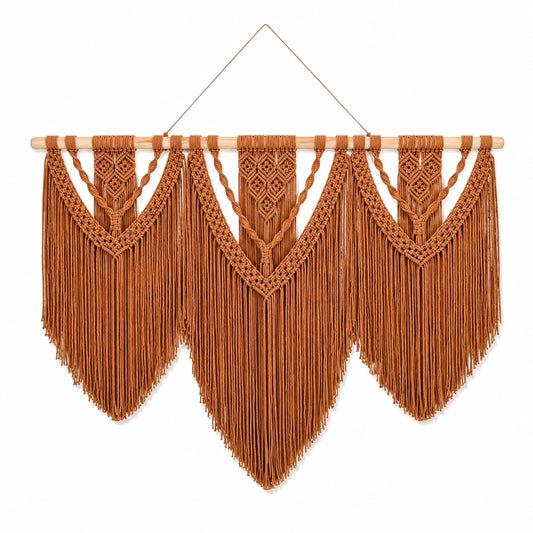 Tapiz de pared de macramé 100 x 95 cm en algodón marrón con barra de madera estilo bohemio